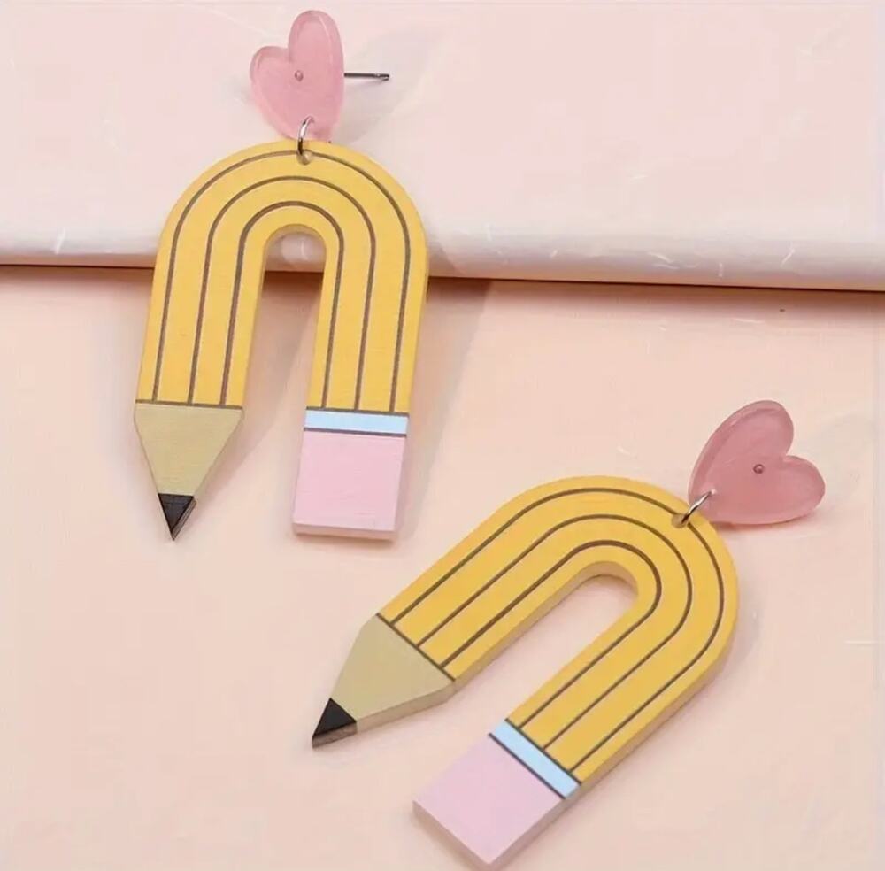 1 Pair, Cute Pencil Design Drop Earrings Acrylic, Teacher Gift Ideas NWT